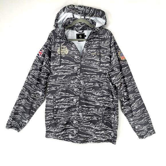 Darc Sport Men Jacket L Gray Drawing Wolves 48 Out of 100 Windbreaker Flag Patch - Picture 1 of 10